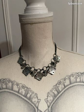 Collier Plastron Vintage En Os Et Perles - Longueur 47 Cm - Occasion En Bon état