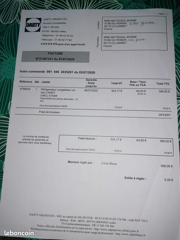 Vends Réfrigérateur Congélateur CANDY État Neuf (image 1)