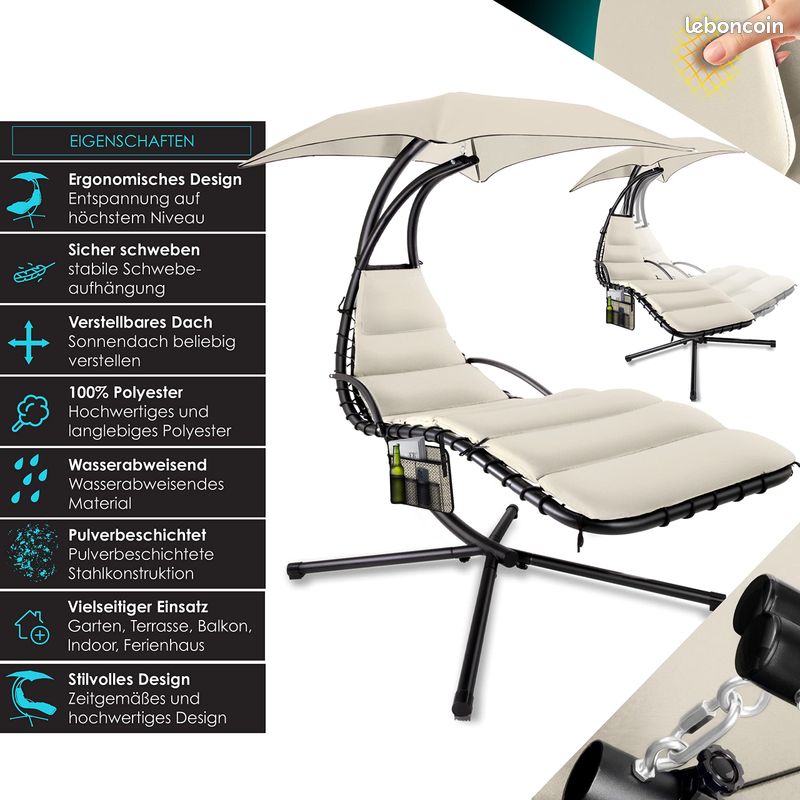Chaise Longue Flottante avec Parasol : Détente et Confort | Chaise Longue Suspendue pour Jardin et Terrasse | Poids Maximal de 120 kg (image 5)