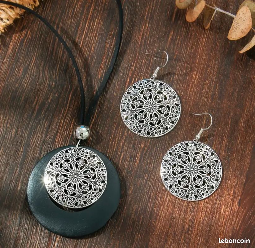 Ensemble collier ajustable bois et métal avec boucles d’oreilles 4,7 cm – parure bohème chic femme (image 4)