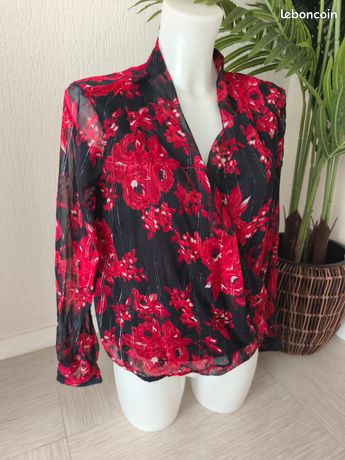Chemisier Court Cache-Cœur Rouge Imprimé Fleurs Blanc - Taille XS (14 Ans) - Occasion Parfait État