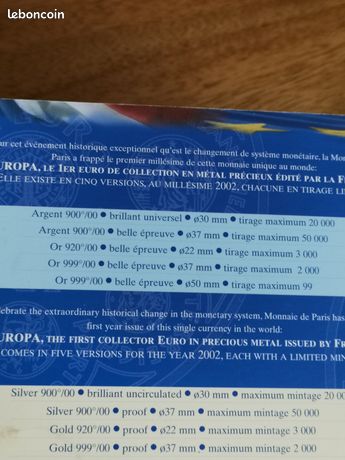 Pièce 1/4 Euro 0,25€ Argent 0,900 – France 2002 – Europa 1ère émission