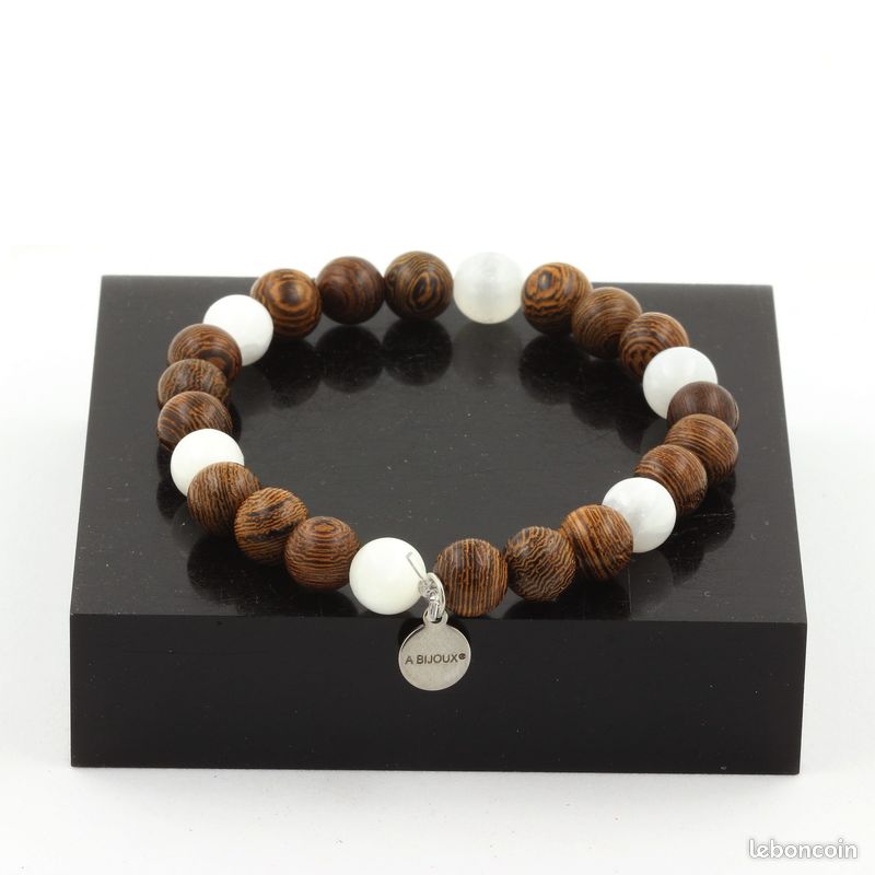 Bracelet Perles Selenite du Maroc + bois 8 mm. Fabriqué en France (image 1)