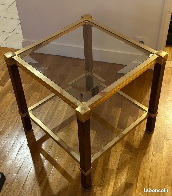 Table basse ancienne bois et verre biseauté, dorée (image 2)