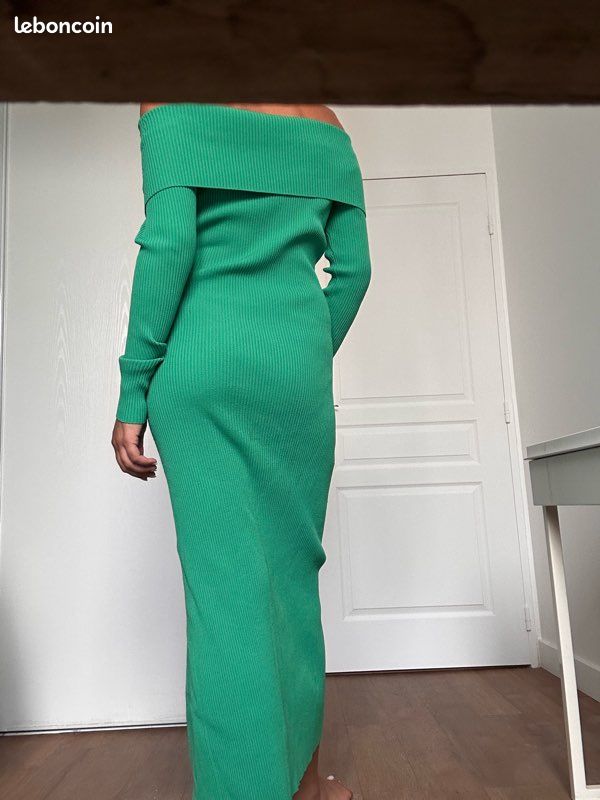 Robe longue en maille côtelée verte Mango – Col bateau – Fente – T.M (image 4)