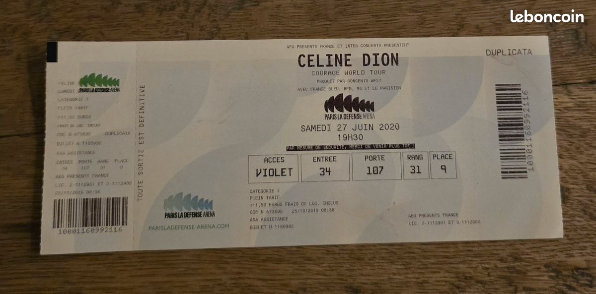 🎫 2 billets Céline Dion Courage Tour 2020 – Collector – Paris La Défense Arena (image 1)