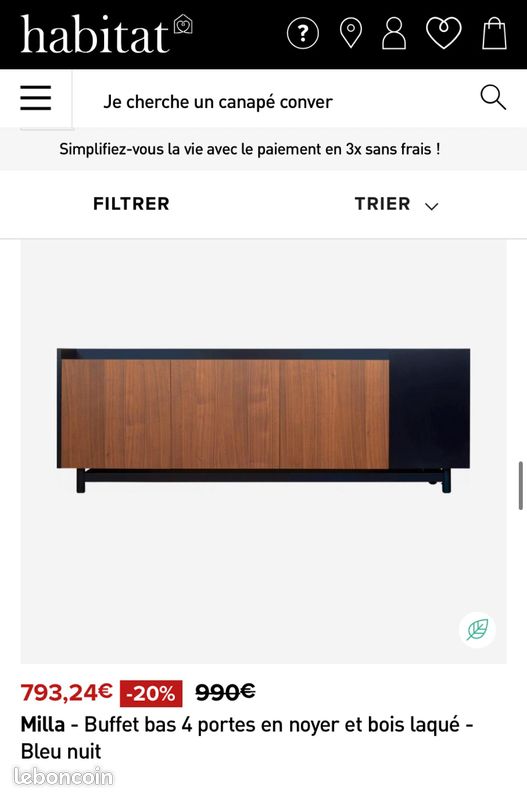Petit buffet MILLA (Habitat) 3 portes en noyer et bois laqué bleu nuit (image 2)