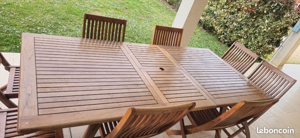 Table et 8 fauteuils teck de jardin (image 1)