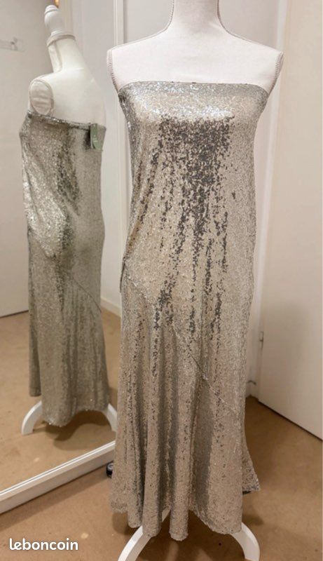 Maxi Jupe Femme M&S Coton Argenté – Taille 20 – Fermeture éclair, Ourlet Brut
