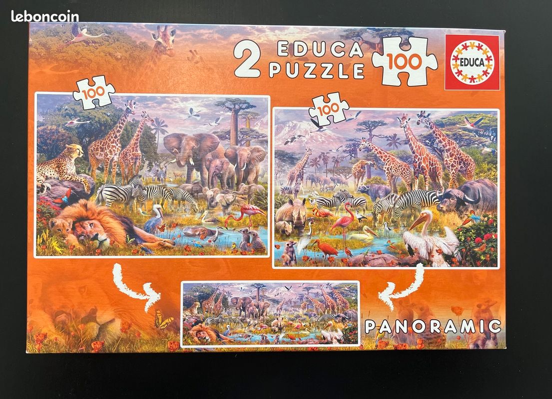 Puzzles jungle panoramique Educa 2 puzzles de 100, très bon état (image 1)