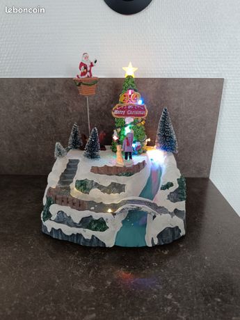 Ancien Automate Père Noël En Tôle - Décor Sapin Et Guirlande - Vintage