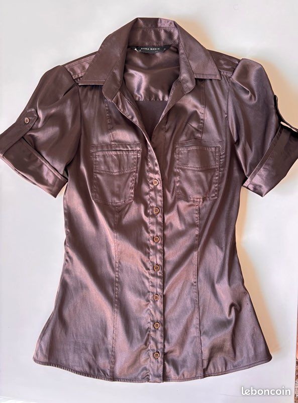 Chemise marron satinée à manche courte cintré style western (image 14)