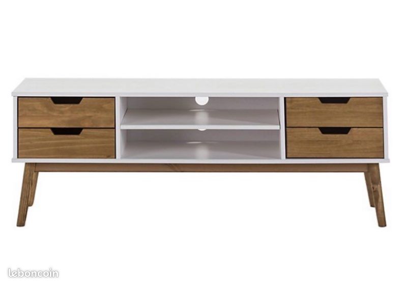 Meuble TV 4 tiroirs et 2 étagères blanc et bois (image 1)