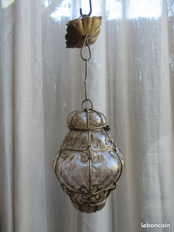 ANCIENNE LANTERNE VERRE Et Tole Vintage Décoration Extérieure