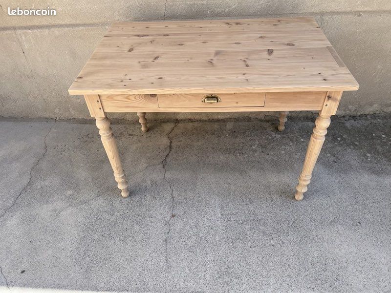 Table de ferme / Bureau ancien pieds tournés en bois massif — Option aérogommage / brut (image 4)