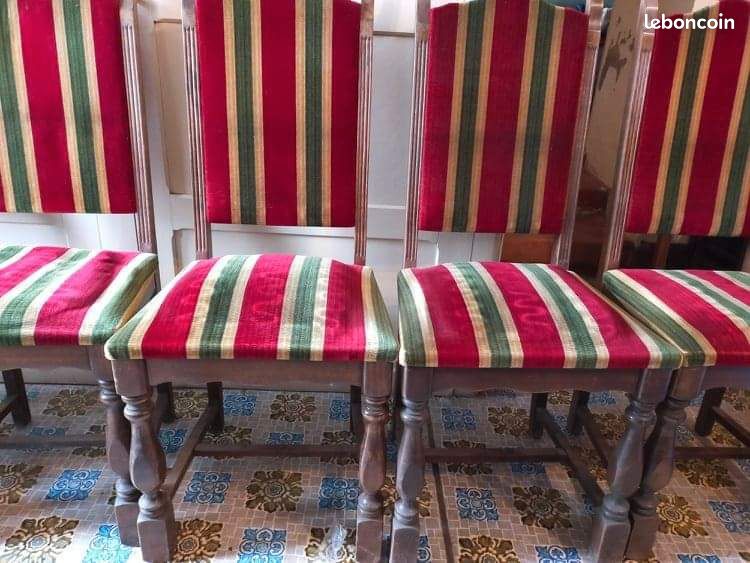 6 chaises à ressorts bois tissu rayé rouge vert (image 1)