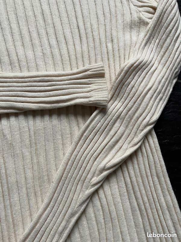 Pull Col Roulé Long Côtelé KR Essentials - 100% Coton Crème, Taille M