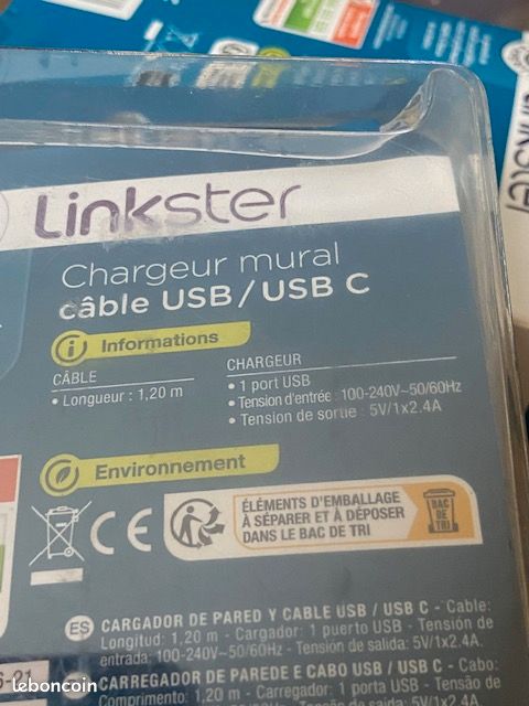 Chargeur mural câble USB /USB C neuf (image 2)