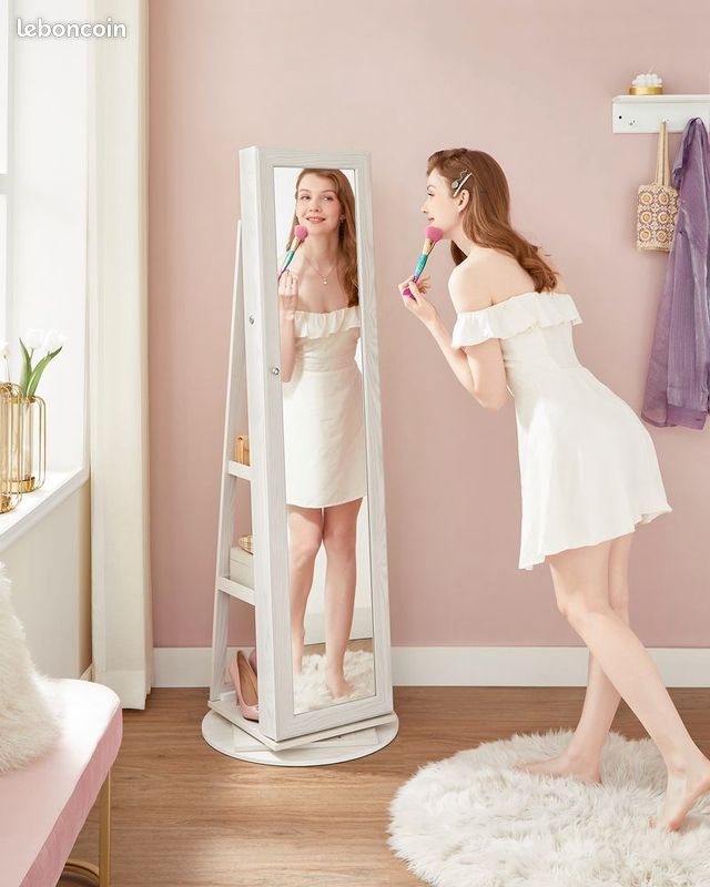 Armoire à bijoux sur pied avec miroir – rangement maquillage – blanc – neuve (image 1)