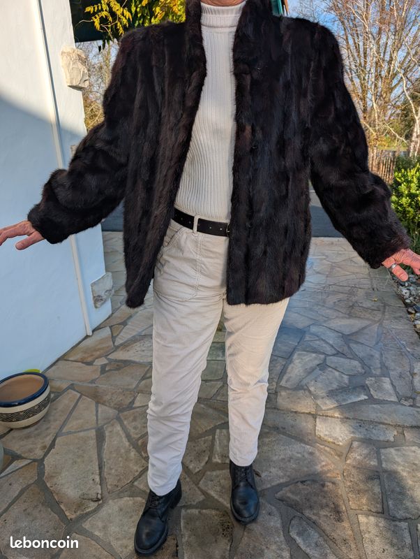 Veste Vintage En Vison Gris - Taille M, Doublure Soie, Style Kimono, Occasion Très Bon état