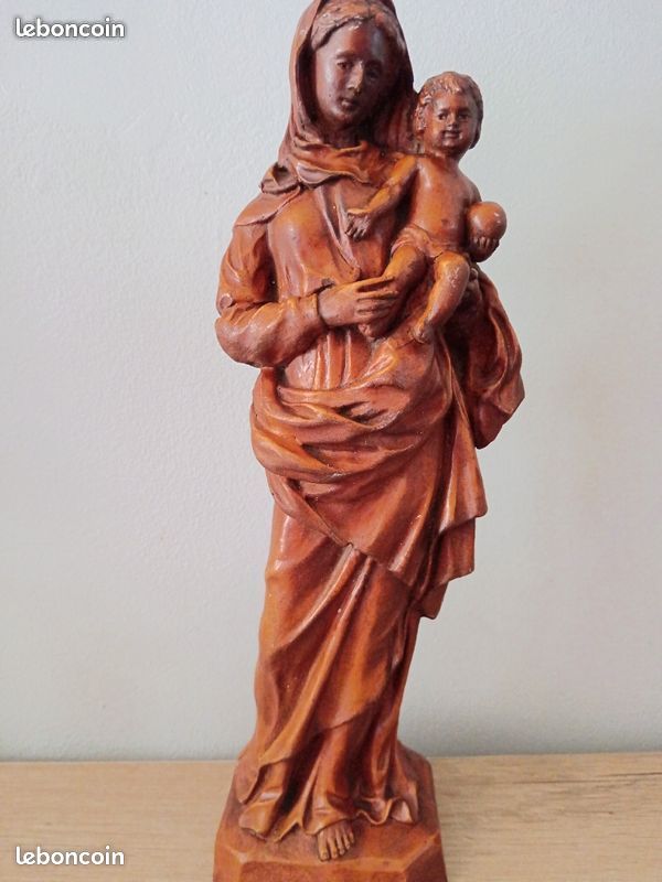 Statue Vierge à l'enfant en bois sculpté signée Alain Sicouly (image 1)