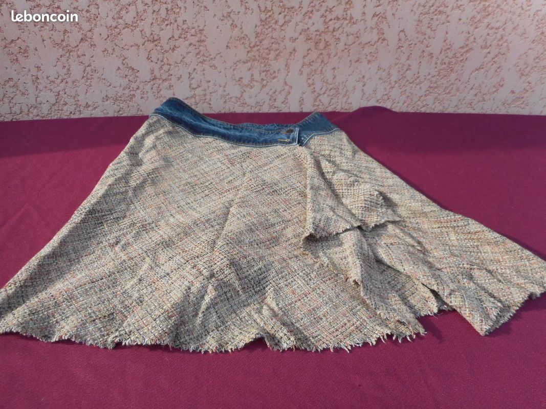 Jupe mi longue évasée beige mouchetée ceinture jean T 42 KOOKAI (image 1)