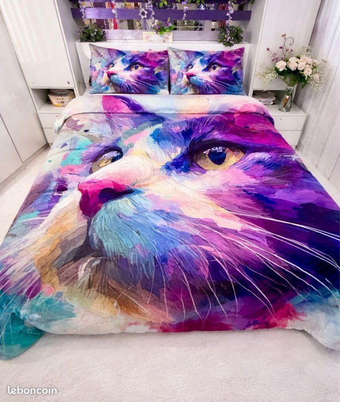 Parure de lit 220x240 – Chat artistique multicolore – Ultra douce (image 1)