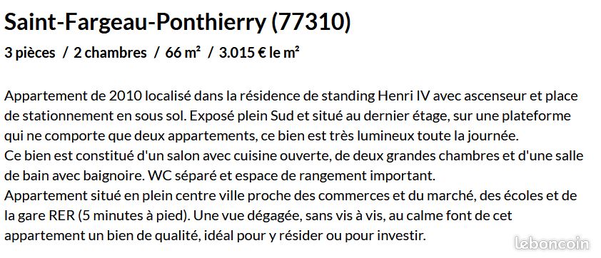 Appartement 3 pièces 66 m² · à Saint-Fargeau-Ponthierry · 66 m² · 189 000 €