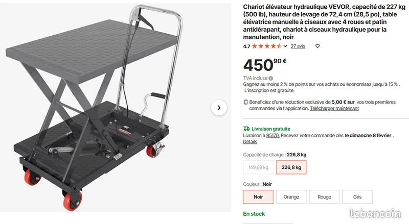 Chariot élévateur Hydraulique Ciseaux VEVOR 230 Kg - Plateau 700x450 Mm, Hauteur 220-720 Mm