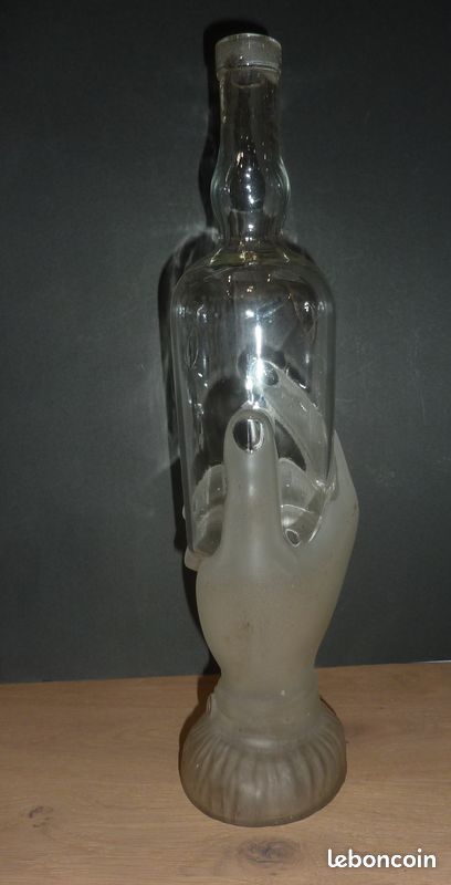 Ancienne Bouteille Drakkar En Verre Soufflé, Bouchon Bois, 1L, Fait Main