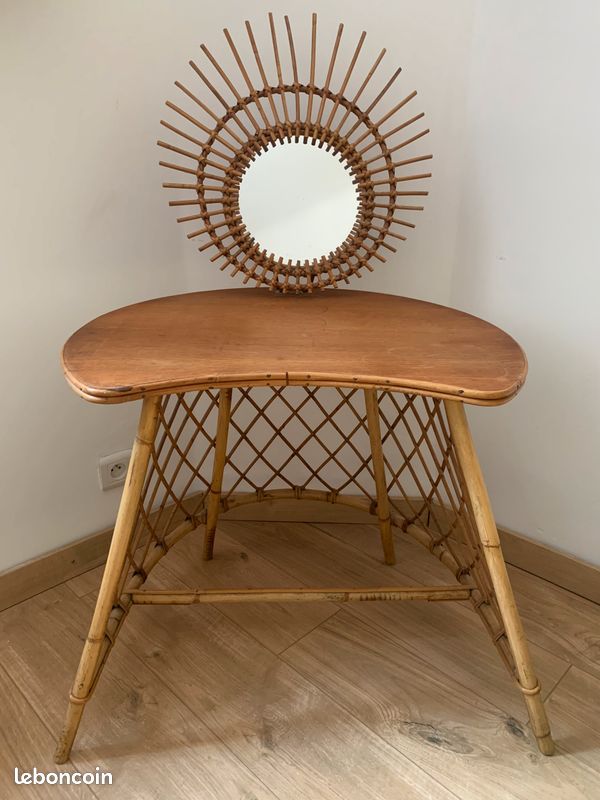 Coiffeuse antiquaire forme soleil très jolie bois/osier assorti d'un tabouret en osier (image 6)