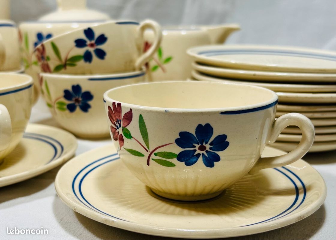 Service à Café Sarreguemines Grès – Motif Chardon Floral, Vintage France