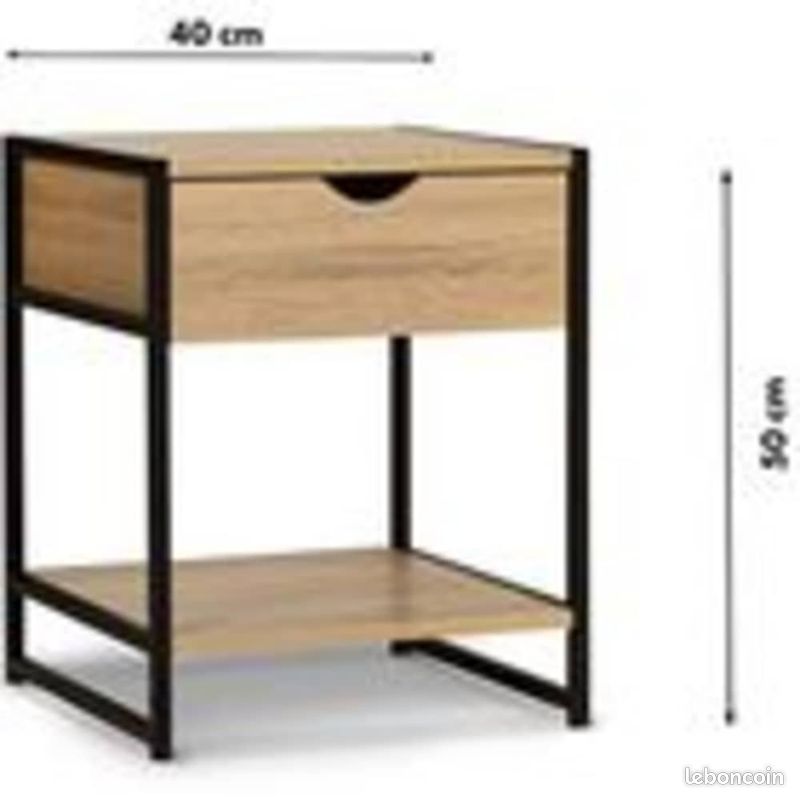 Lot de 2 Tables de Chevets + 1 Tiroir Design Industriel Meuble Marron Noir Bois Métal (image 2)