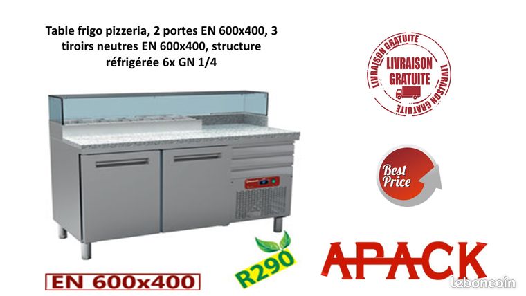 Table frigo 2 portes 600x400, 2 tiroirs neutres (4x bacs 600x400)