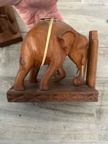 Paire De Serre-livres éléphants En Bois Sculpté Et Marbre – Vintage, Très Bon état