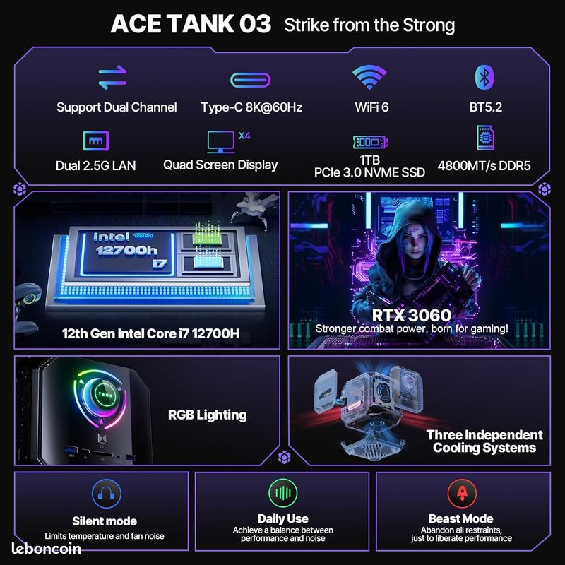 Nouveau PC Tank03 Gaming PC Desktop, Intel i7 (image 2)