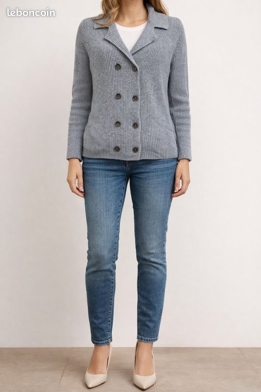 Gilet Selle Pour Femme Jeune - Bleu Gris Imprimé - Réversible - Taille 32 - Très Bon état
