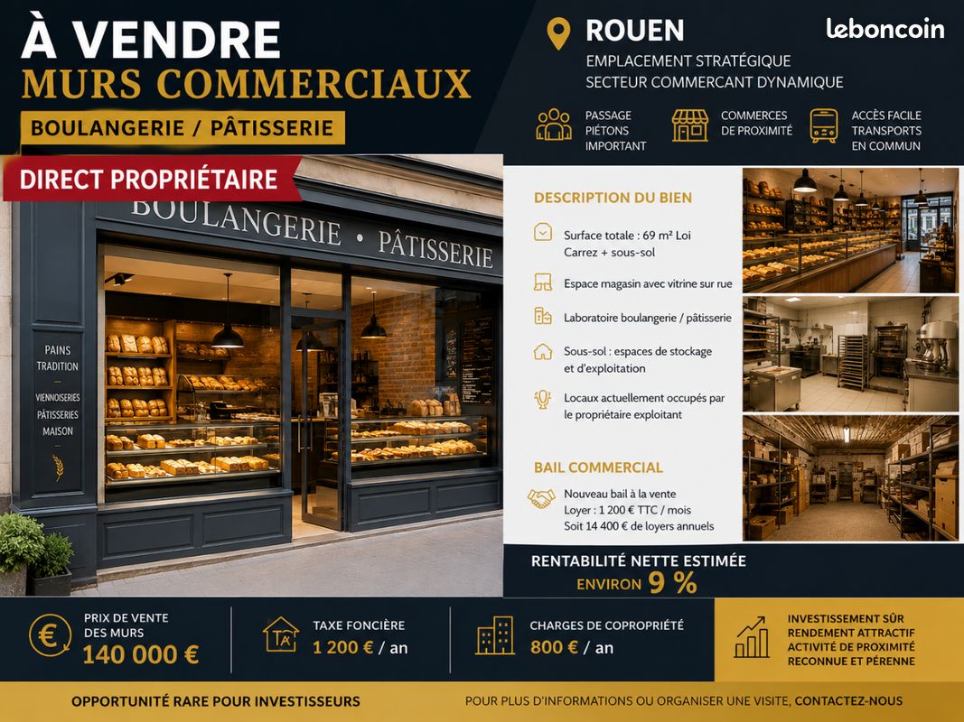 Local commercial 3 pièces 69 m² · à Rouen · 69 m² · 140 000 €