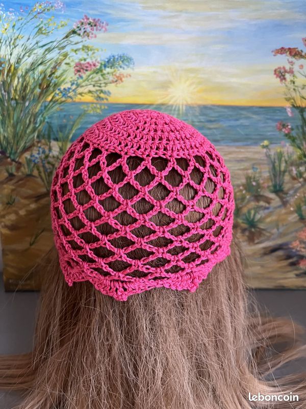 Chapeau bonnet Toque hat hut hoed hattur gorro cappello cap Kappe dop caipín berretto boné headpiece Coton Rose Fuchsia Taille unique Fait main crochet Handmade D'autres couleurs disponible (image 3)