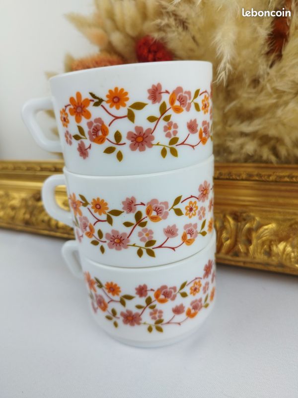 Lot De 12 Tasses à Café Vintage Arcopal A-49 Motif Floral - Verre Duralex Rétro