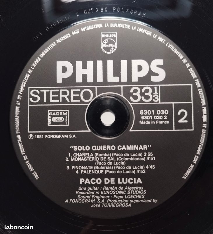 Paco De Lucia disque vinyle 33 tours Solo Quiero Caminar (image 5)