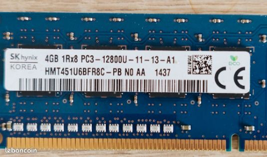 2 Barrettes RAM SK Hynix 4 Go Chacune (8 Go Total) DDR3 PC3-12800U - DIMM, Occasion