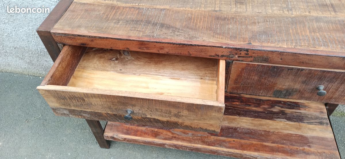 Console en bois ancien avec pieds métal 2 tiroirs (image 9)