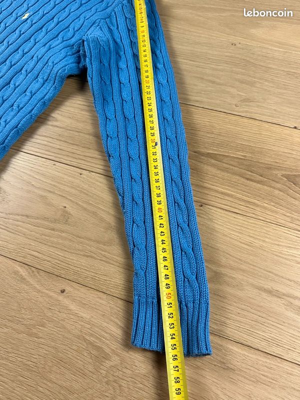 Pull Ralph Lauren Sport bleu maille torsadée logo jaune femme L 0508 (image 9)