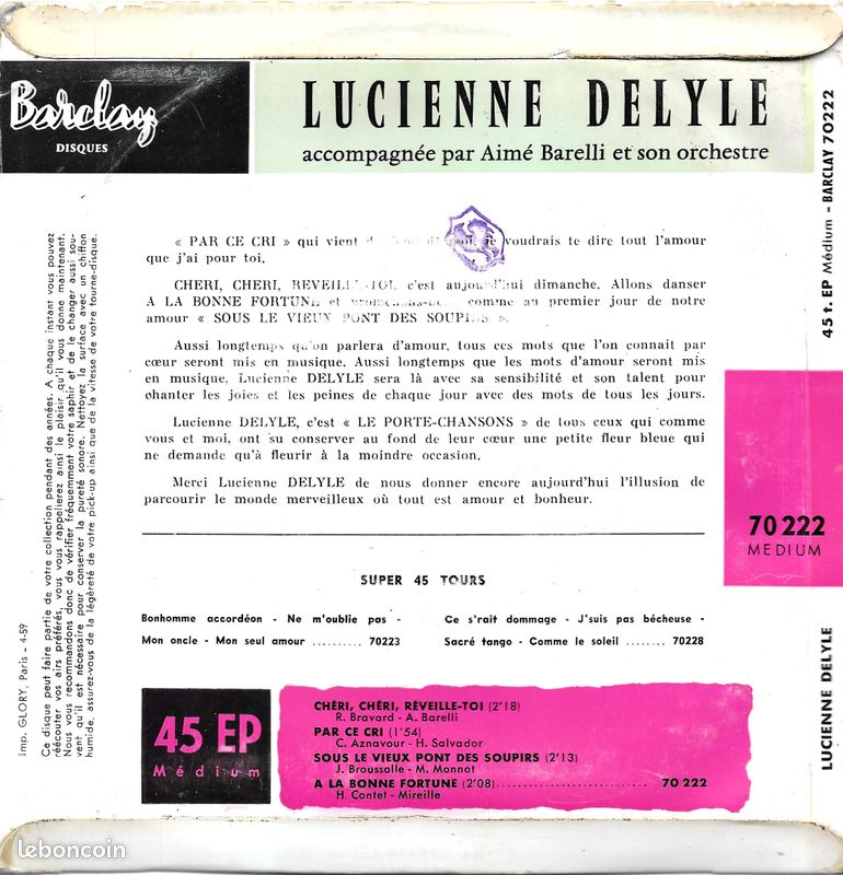Lucienne Delyle : Chéri, Chéri, Réveille Toi / Sous Le Vieux Pont Des Soupirs +2 - 45t 1962 (image 2)