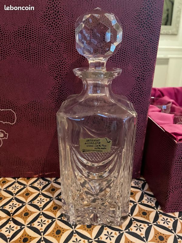 Ancien Service Whisky Carafe + Seau Glaçons + 6 Verres Verre Fumé