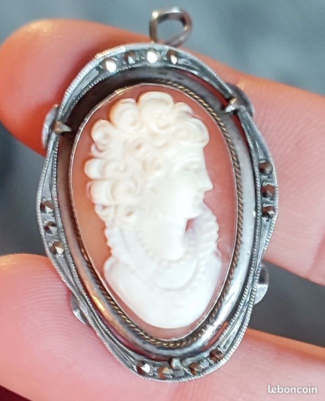 Pendentif Camée Ancien En Argent Massif Et Marcassites - Occasion - Bijou Vintage