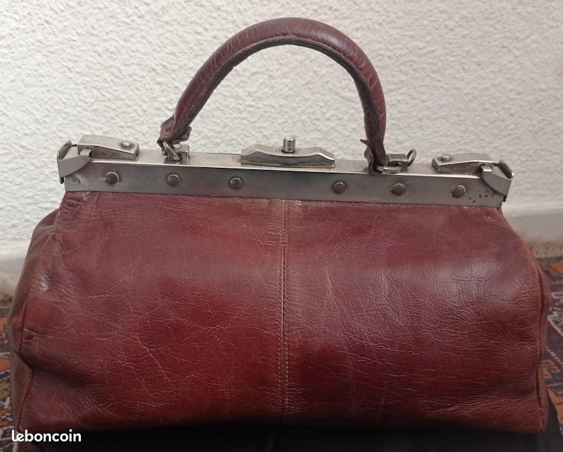 Sac à main vintage en cuir marron style médecin 1950-1960 (image 2)