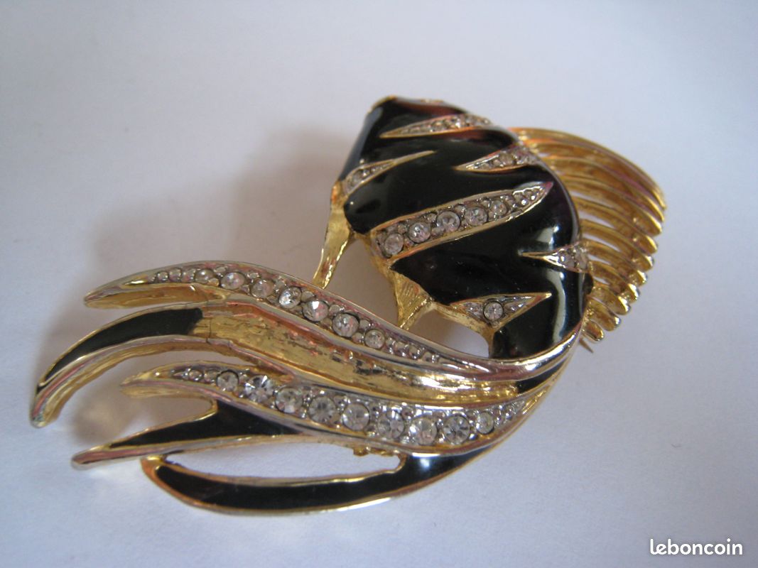 Superbe Broche Soleil Monet - Métal Doré, Cristal Noir, Cabochon - Occasion