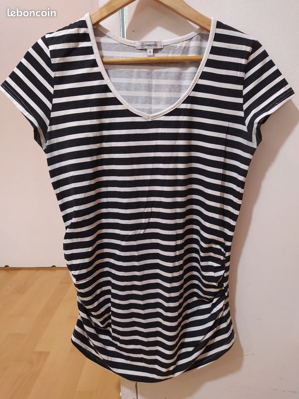 T-shirt stretch grossesse (38 - M) (rayé noir & blanc) (image 2)